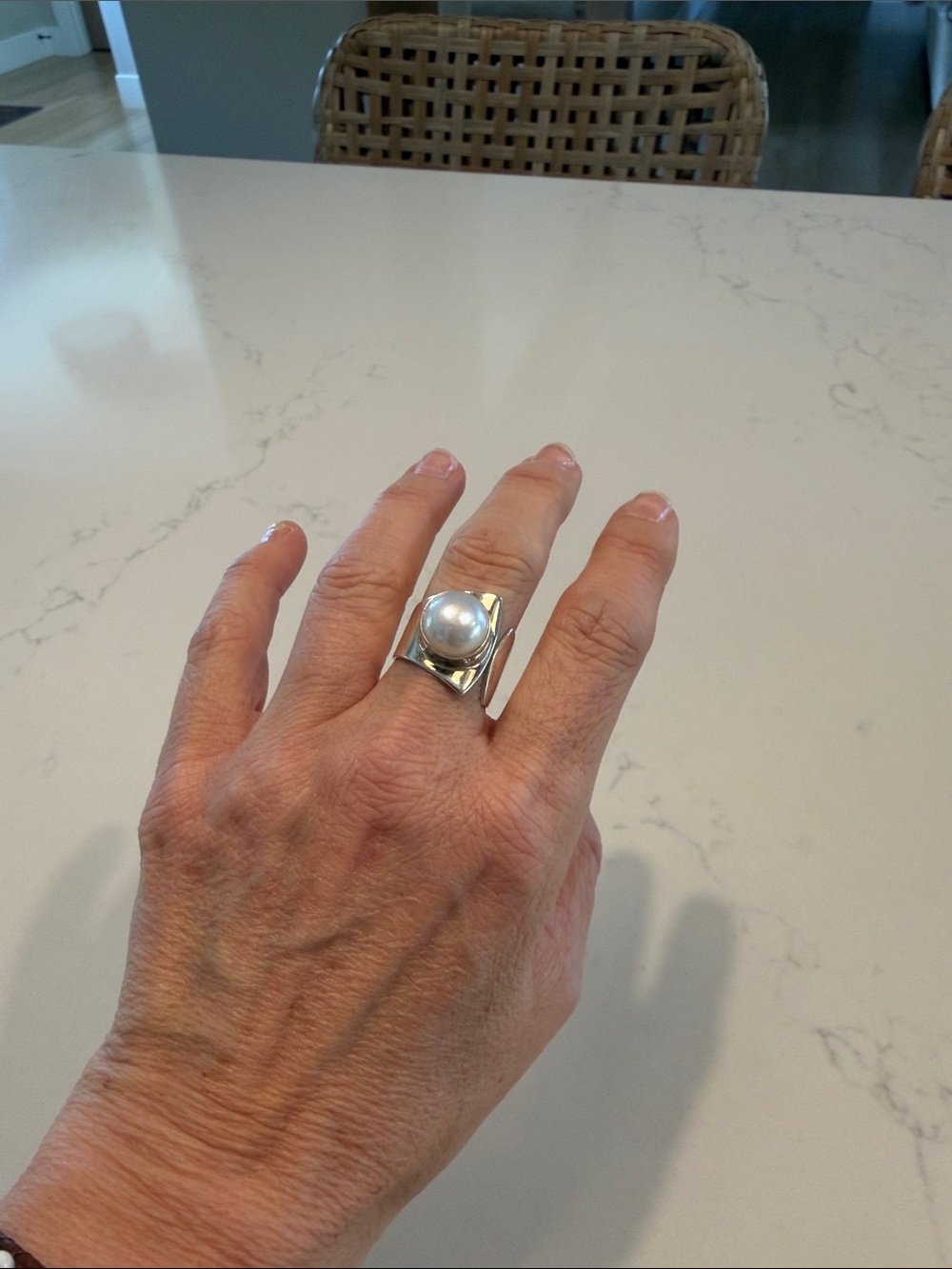 Contemporary Silver Ring with White Pearl Dome